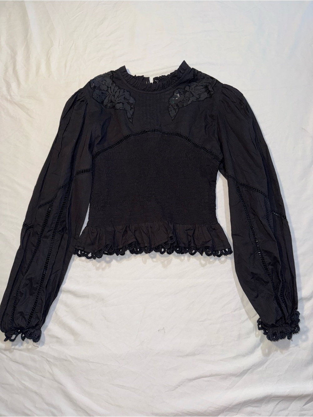 FARM Rio Black Smocked Lace-Inset Puff Sleeve Blouse - Picture 5 of 5